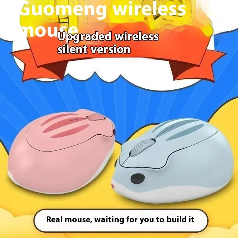 Hamster Wireless Bluetooth Silent Mouse in yellow, pink, and grey colours on a desk