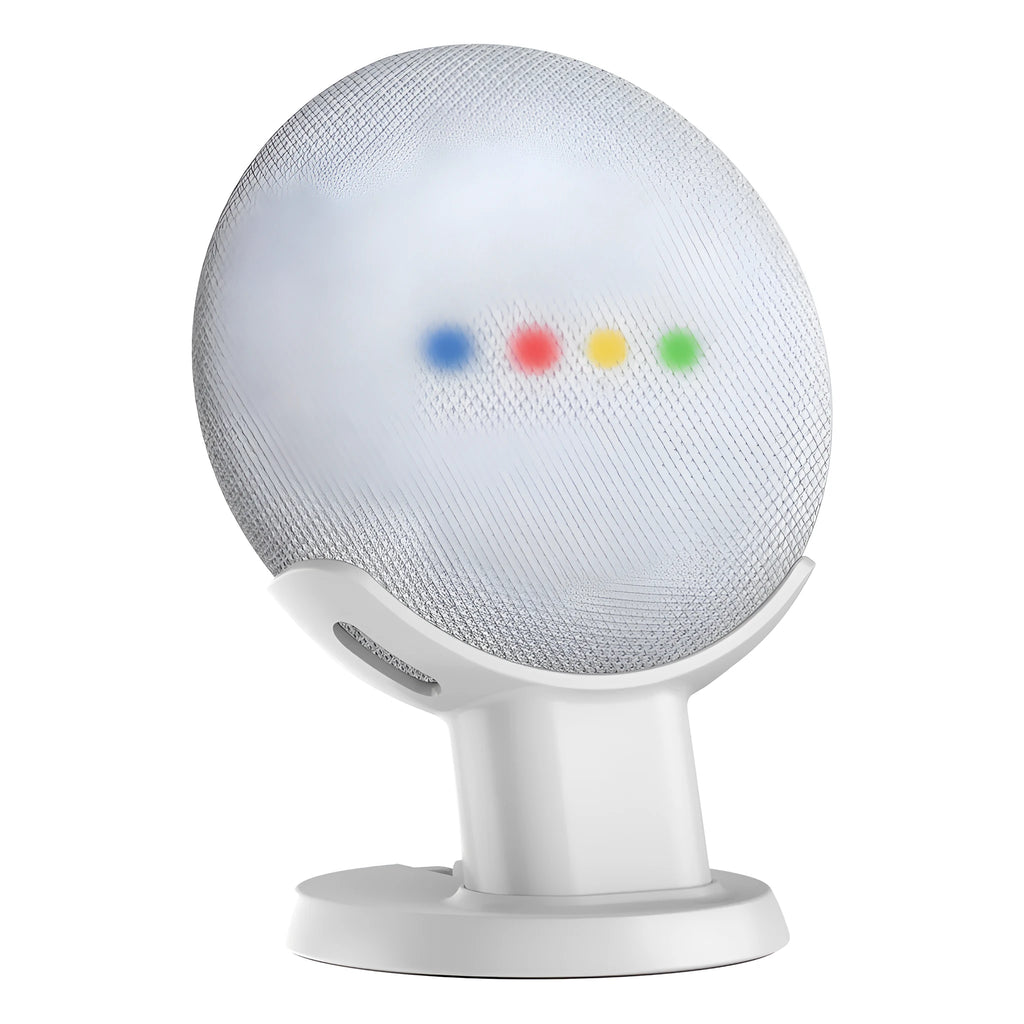 Plastic table holder for Google Home Mini voice assistant stand in black finish on a desk