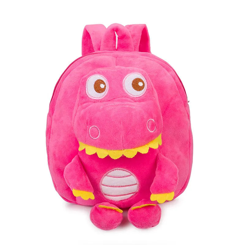 Soft blue dinosaur plush backpack with embroidered details and a soft handle.