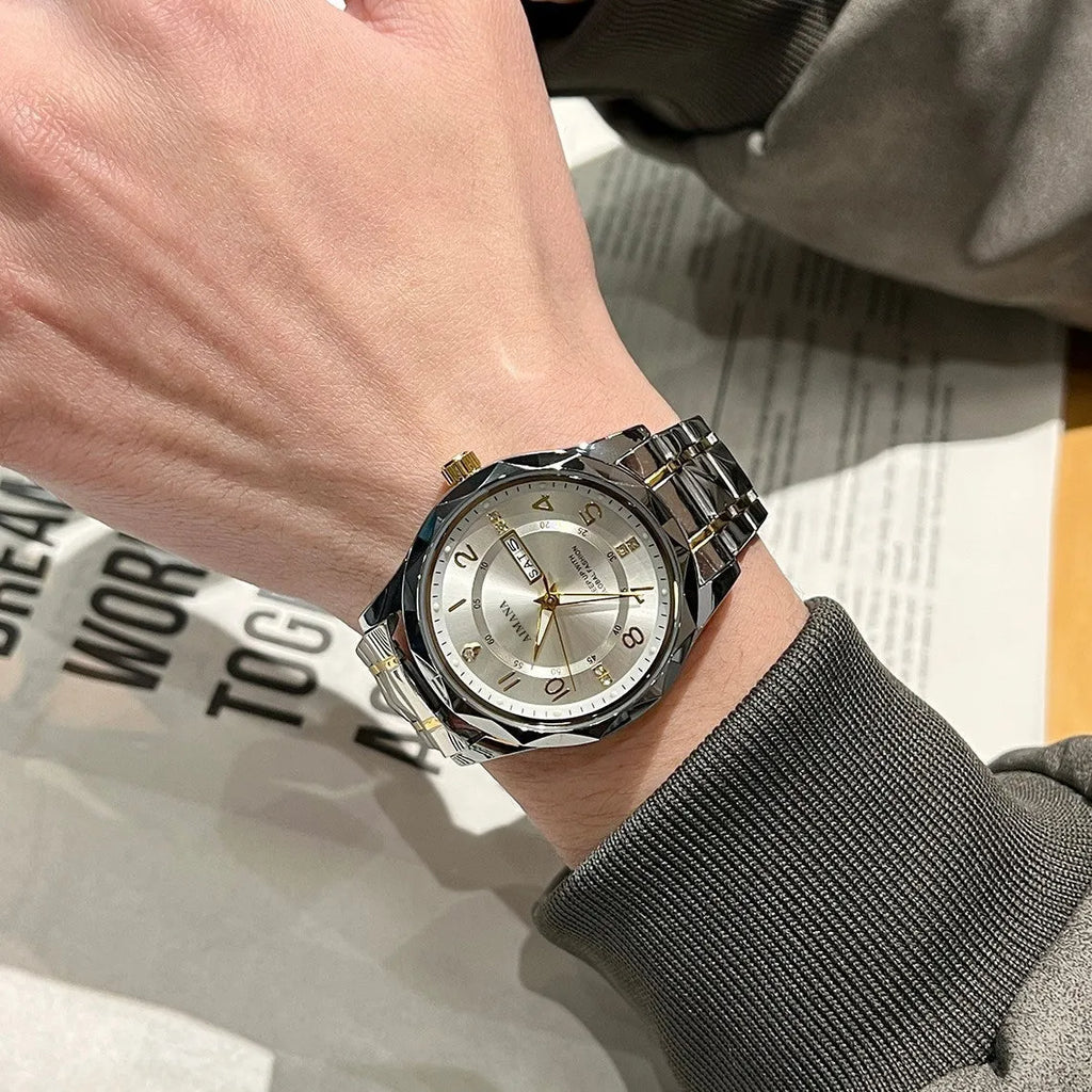 Women's dual calendar business watch with 7mm slim gold case, steel strip strap and white dial surface