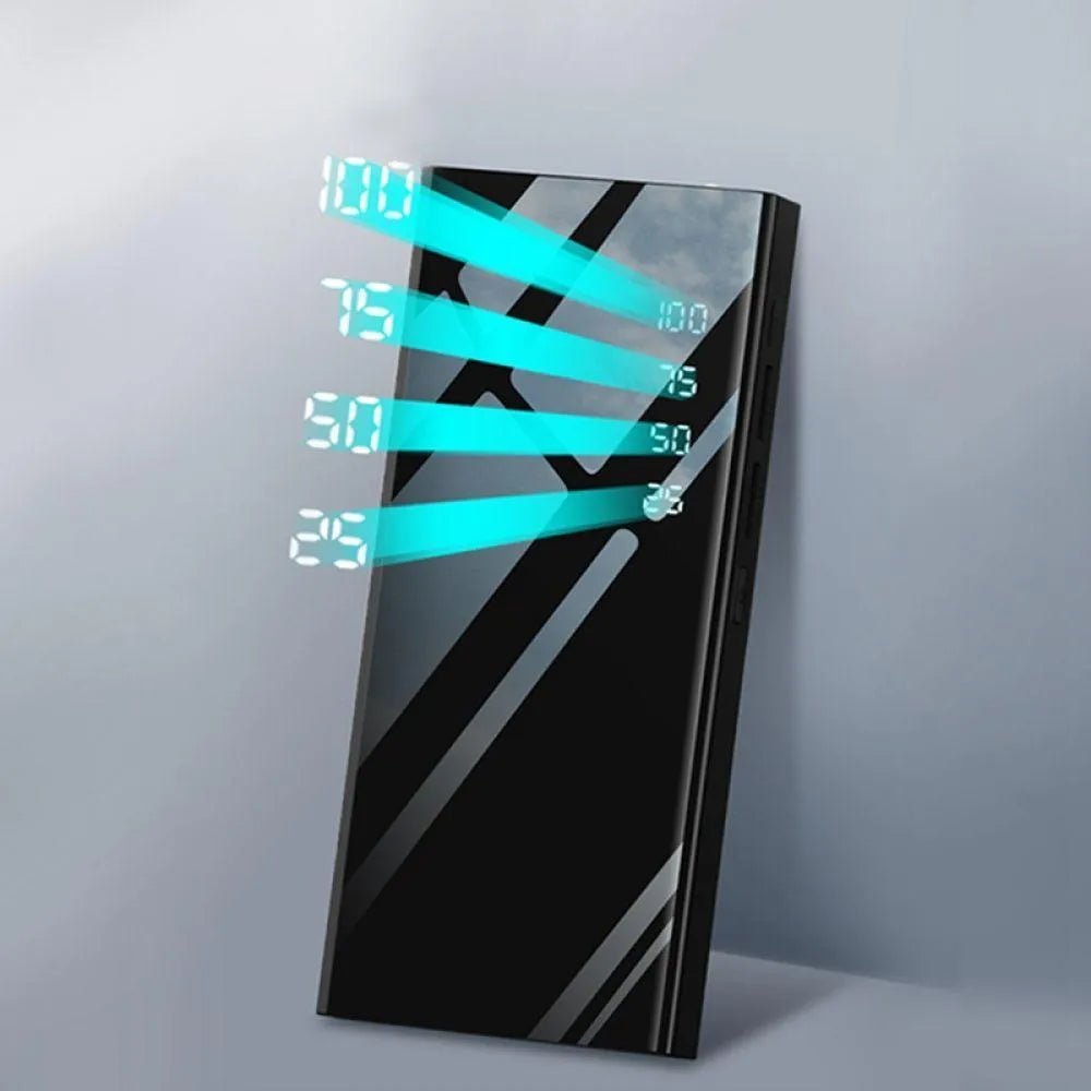 20000mAh power bank with LCD display and dual USB ports in black, red, or white colours