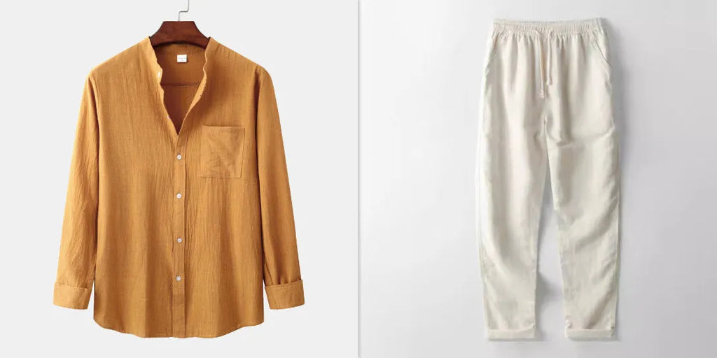 Men's slim fit brown cotton blend long sleeve shirt and matching casual trousers laid flat.