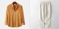 Men's slim fit brown cotton blend long sleeve shirt and matching casual trousers laid flat.