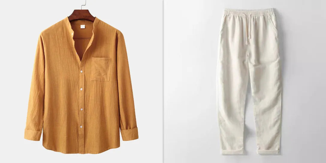 Men's slim fit brown cotton blend long sleeve shirt and matching casual trousers laid flat.