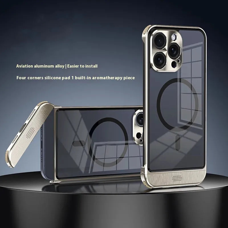 Metal frame iPhone case with built-in holder and magnetic ring, available in Black, Dark Purple, Sea Blue, and Silver.