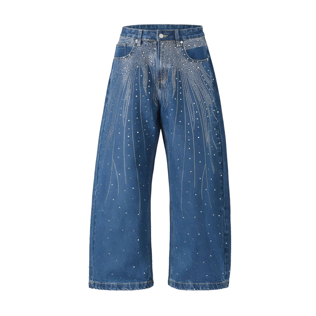 A pair of loose-fitting, wide-leg cotton trousers in a European and American high street style, shown in blue.