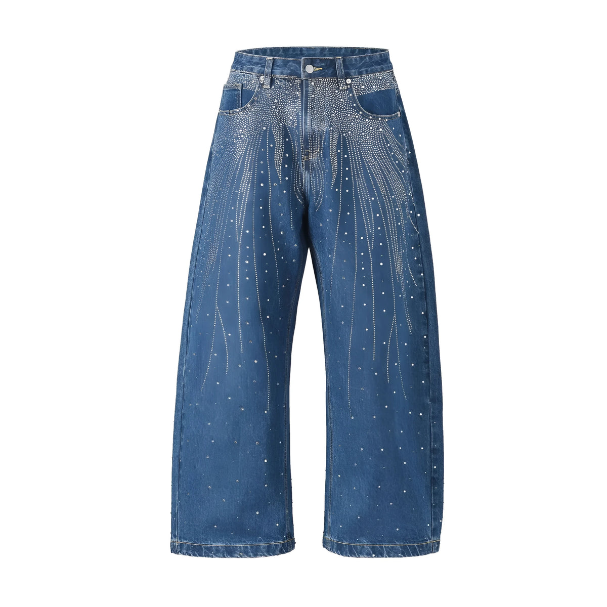 A pair of loose-fitting, wide-leg cotton trousers in a European and American high street style, shown in blue.
