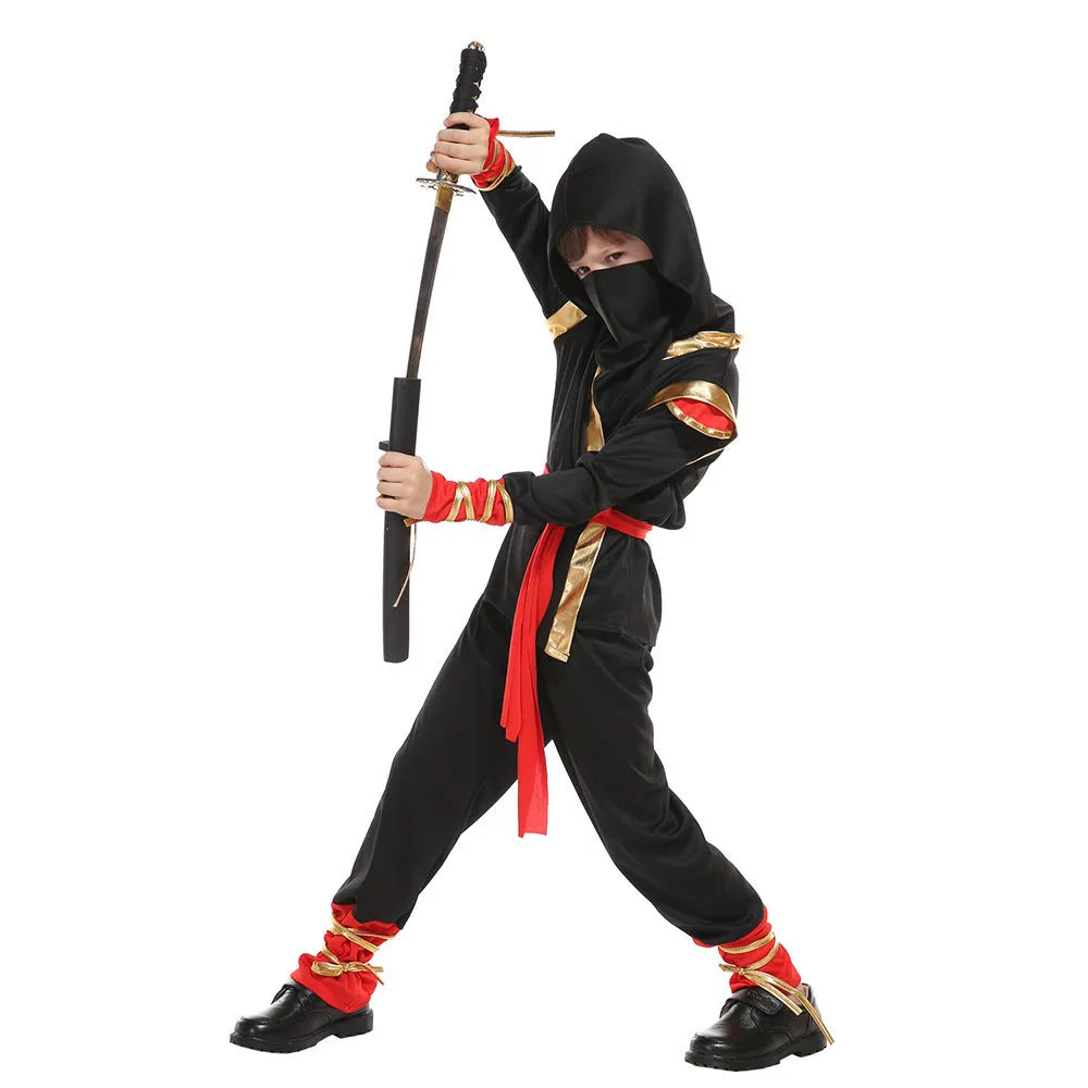 Black spandex children's Halloween ninja costume set with top pants armor mask belt headwear and bandages
