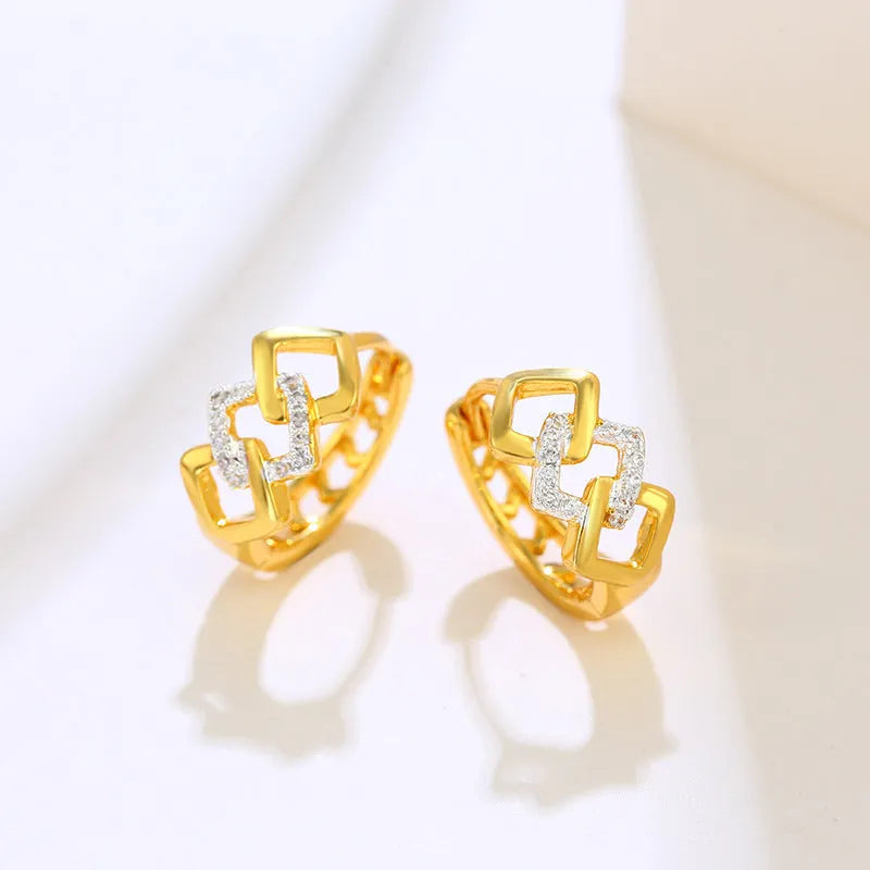 Gold geometric hollow-out drop earrings with colour separation ear clip