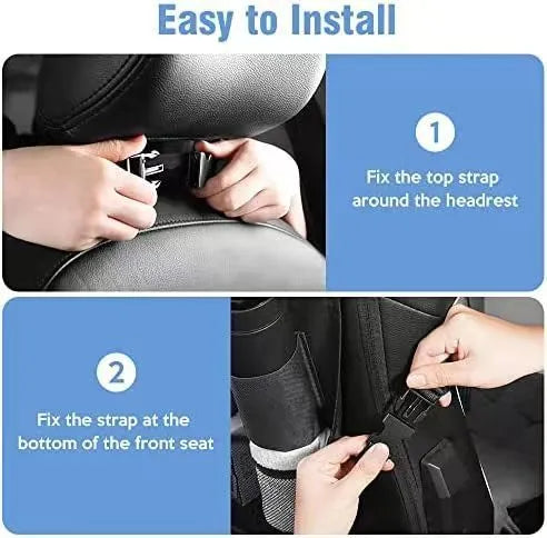 Black Oxford cloth car seat storage bag hanging on headrest with 42x30cm dimensions