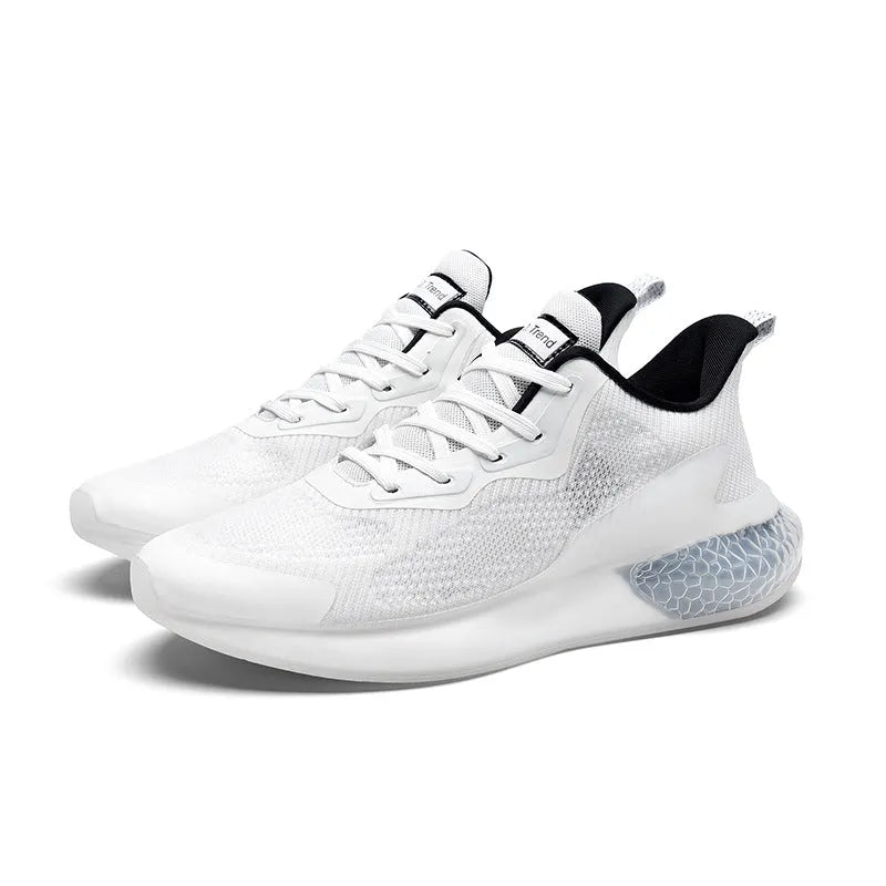 Popcorn breathable mesh running shoes in white black and green gray and orange colour options with round toe design