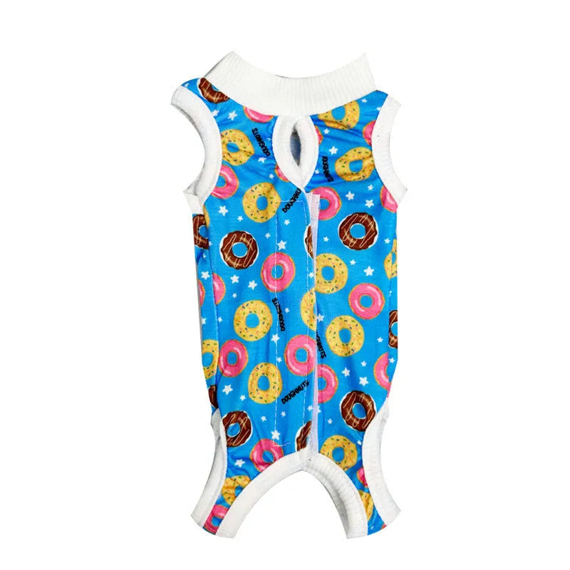 Breathable cotton cat sterilization suit for female recovery, leopard print pattern, side view on cat