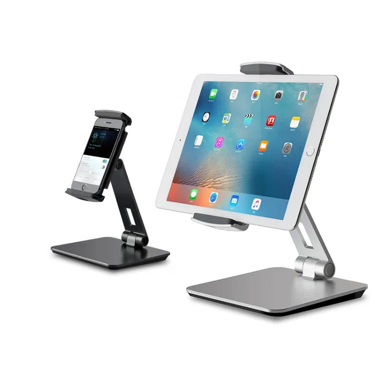 Folding aluminium phone and tablet holder with 360-degree rotating base