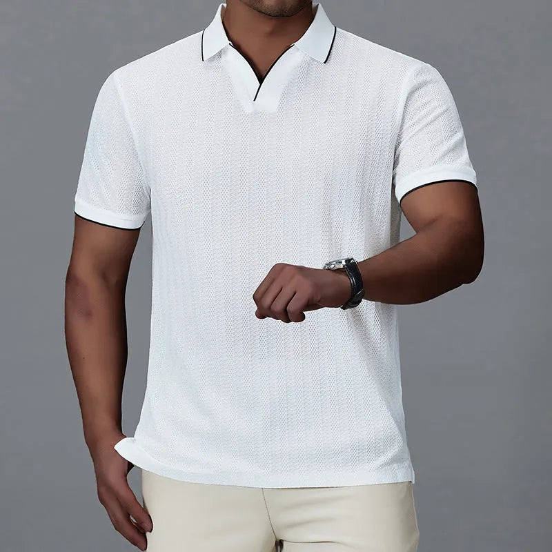 Men's short-sleeved polo shirt in black, loose fit thin nylon fabric with polo collar