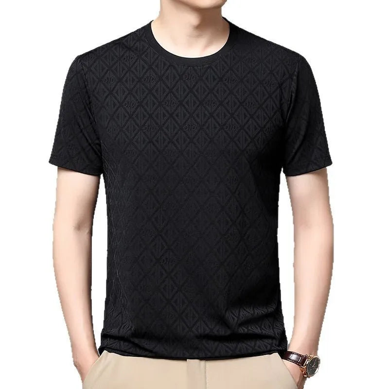 Men's loose fit jacquard short sleeve t-shirt in ice silk fabric, showing round neck and solid colour.