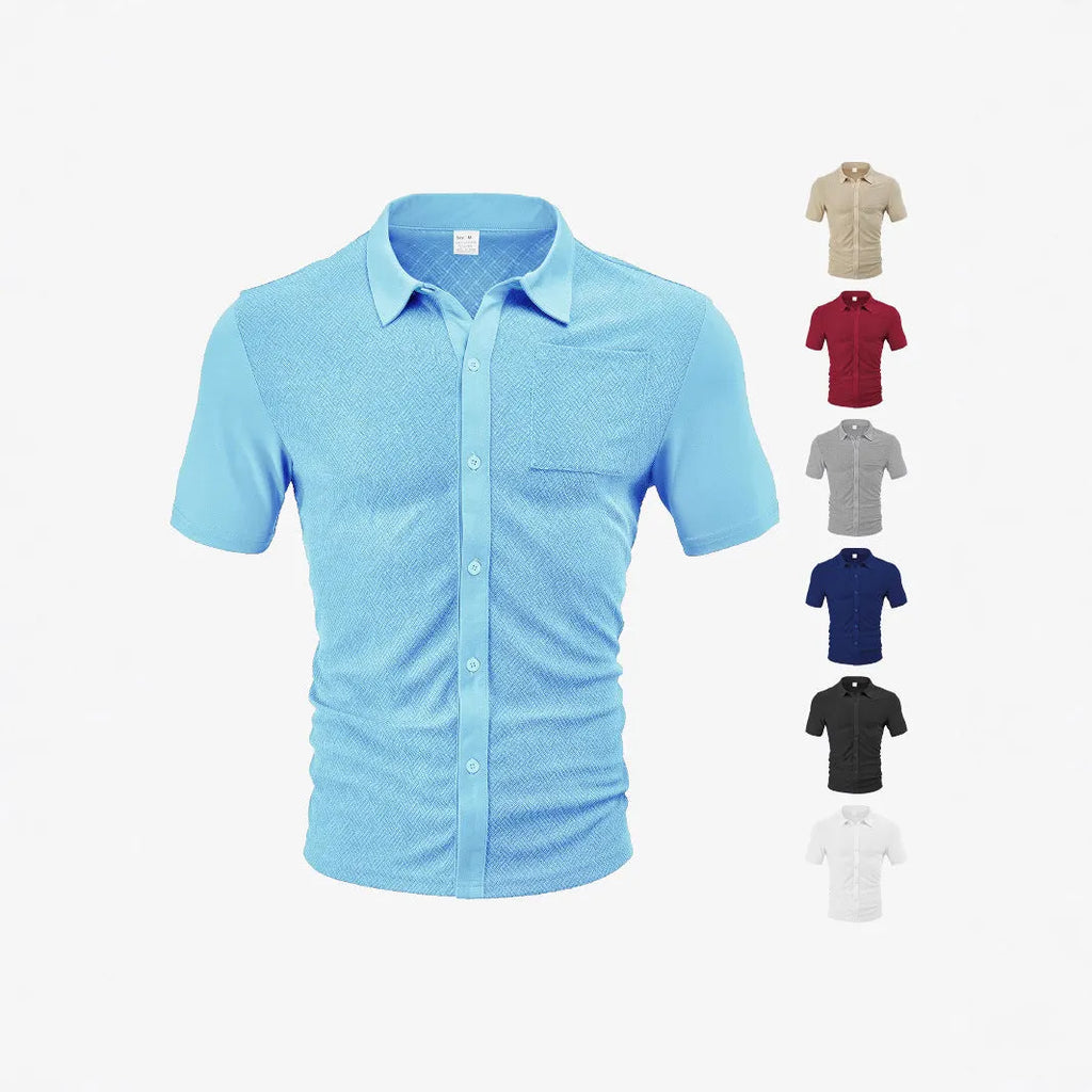 Loose fit polyester lapel cardigan in light blue, short sleeves, jacquard knit texture