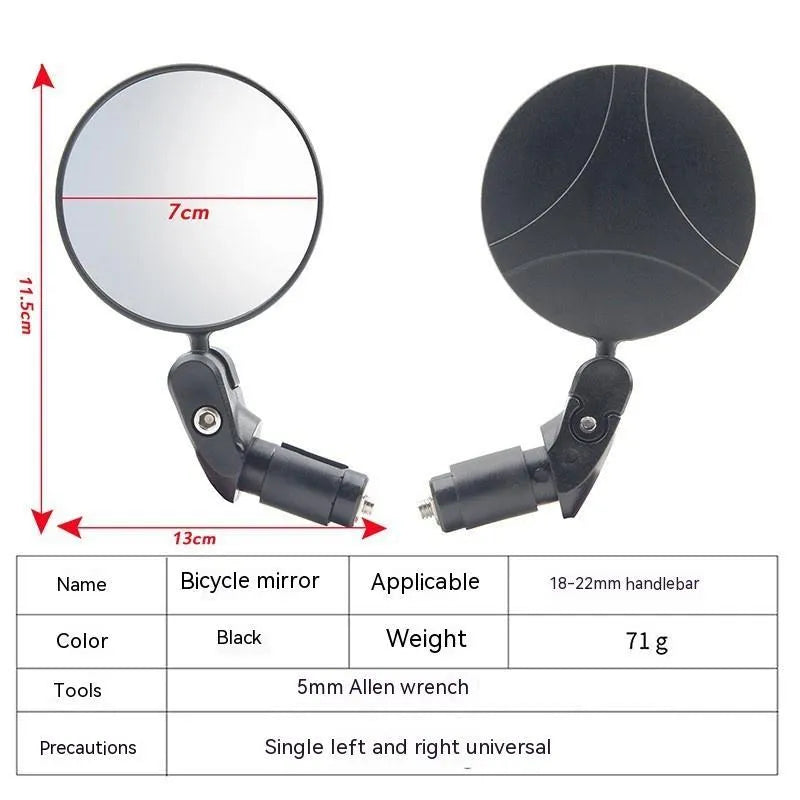 Black foldable convex rearview mirror for vehicles showing 7 cm diameter reflector and adjustable mounting