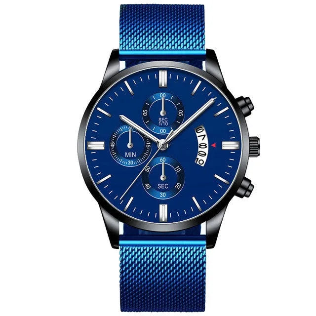 Men's stainless steel analogue watch with a mesh band, shown in a two-tone colour option.