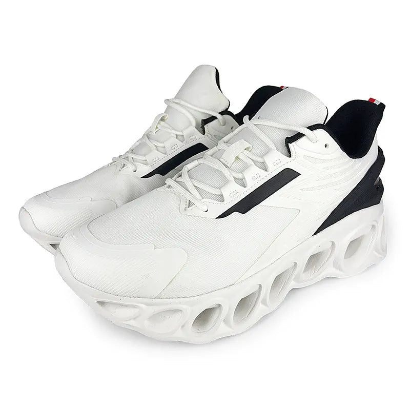 Breathable mesh men's casual sports shoes with lace-up front in black, white, or dark blue colours