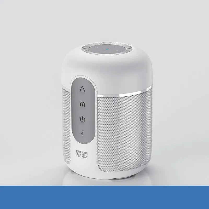 Black portable Bluetooth speaker with compact 72mm x 99mm plastic cabinet design showing connectivity ports.