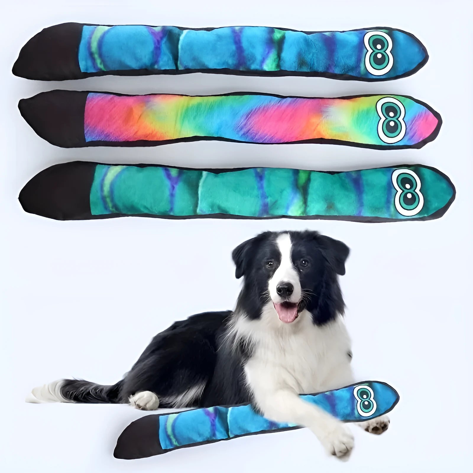 Snake-shaped plush dog squeaky toy with stripe print pattern in blue and green colors