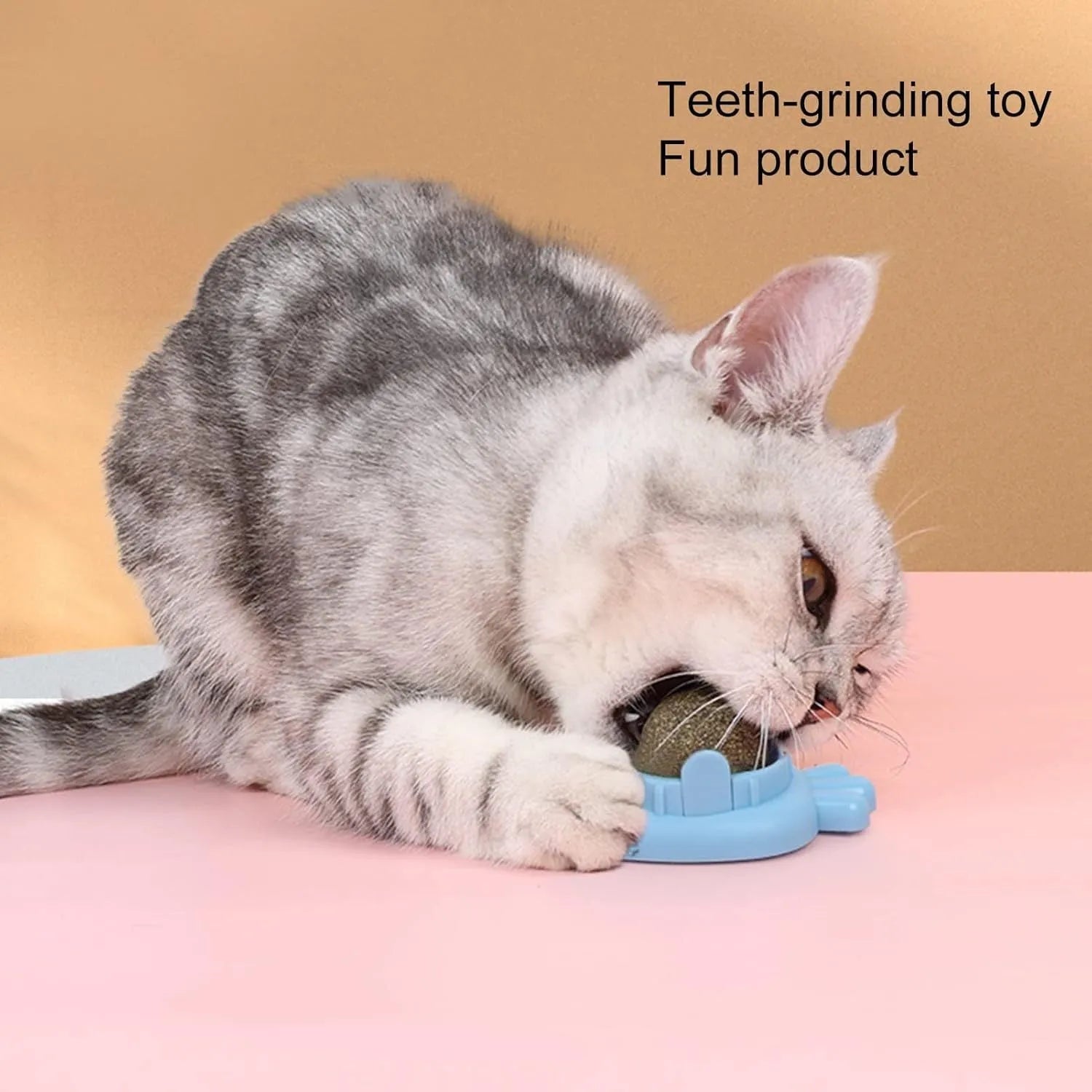 Blue carrot-shaped catnip ball with adhesive sticker for wall mounting as feline dental toy