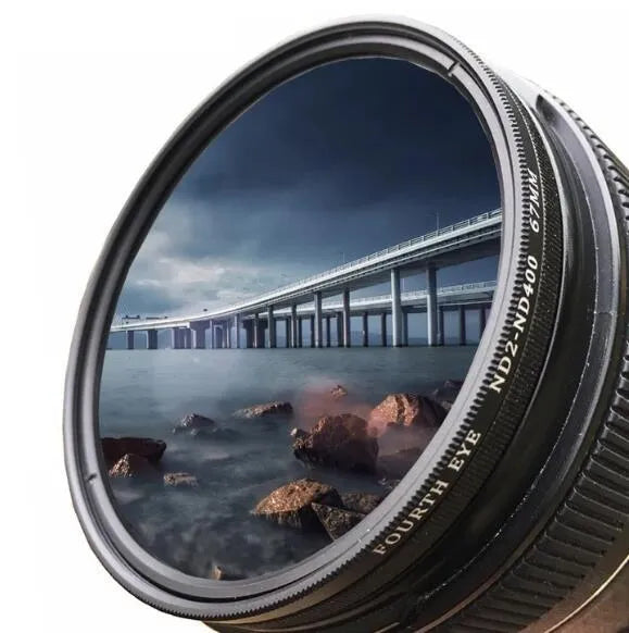 Set of circular camera lens filters in multiple sizes including ND-2, ND-4, ND-8, and ND-400 neutral density filters.