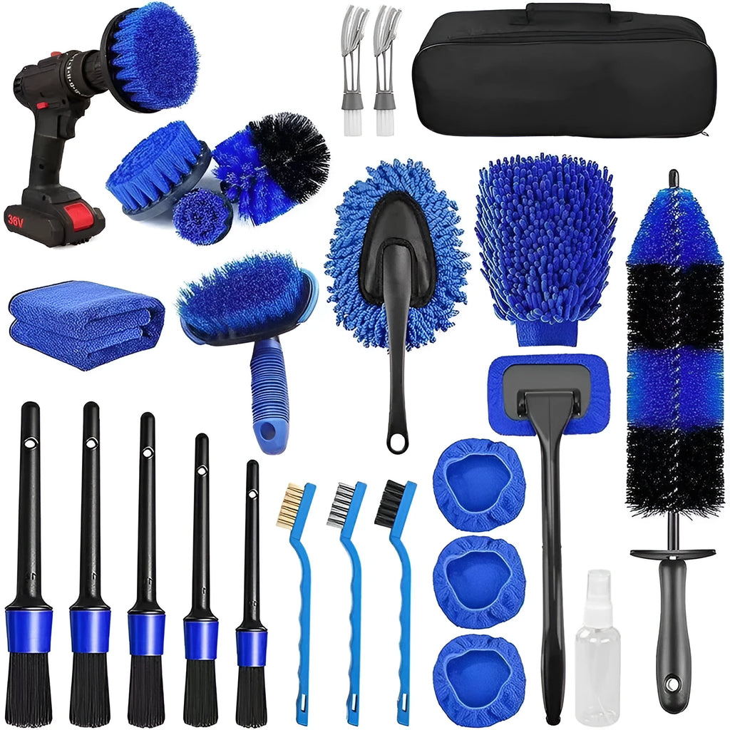 26-piece car wash brush and cleaning kit with tyre brush and detailing tools made from grey PP plastic.
