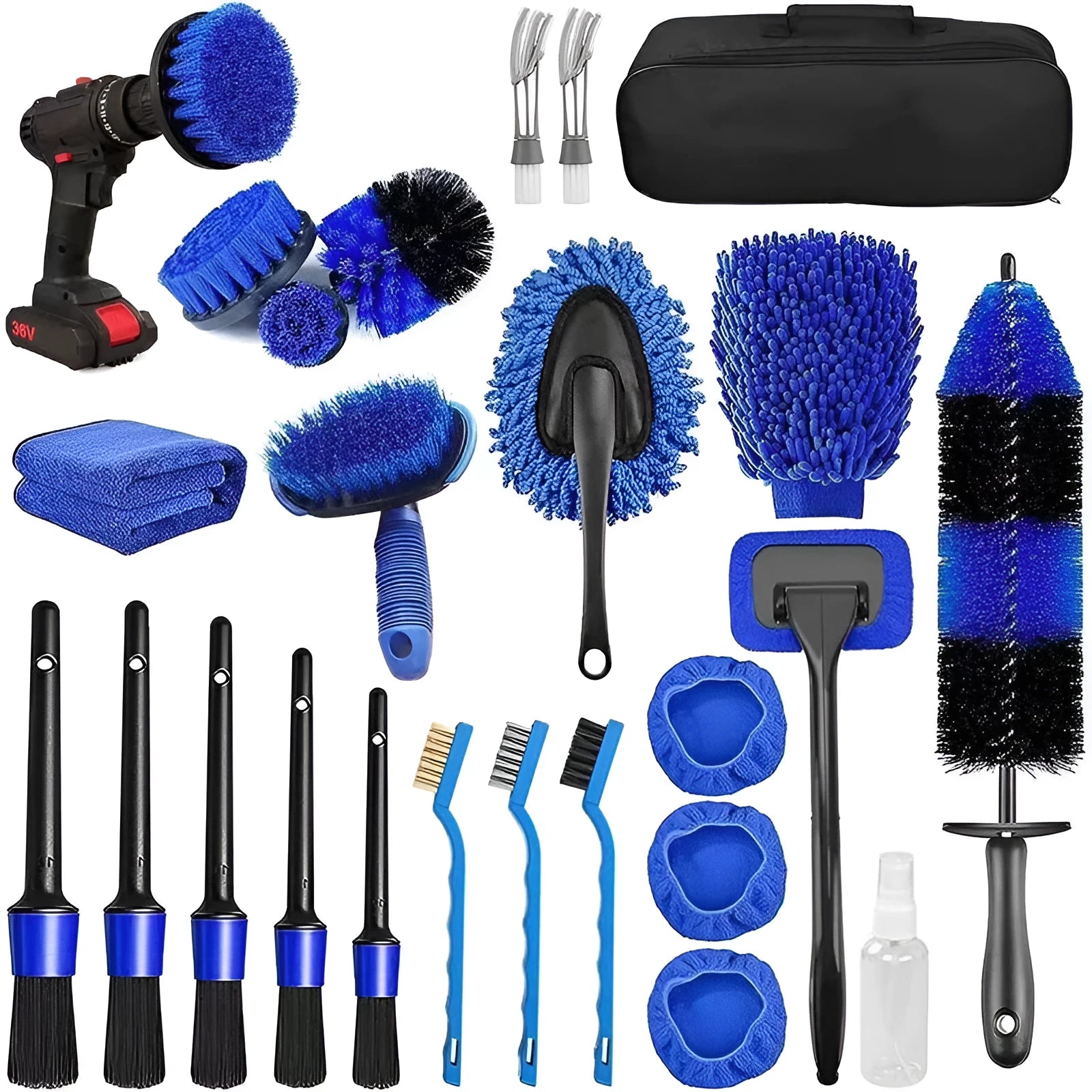 26-piece car wash brush and cleaning kit with tyre brush and detailing tools made from grey PP plastic.