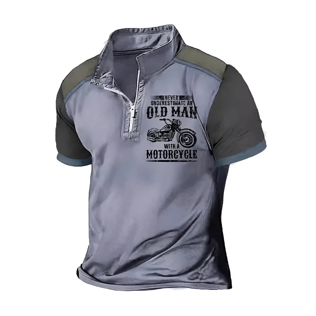 Men's short-sleeve polo shirt with lapel collar, digital letter pattern, and zipper decoration details.