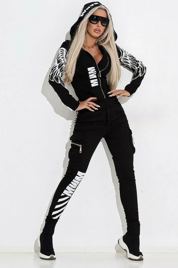 Women's black casual suit set with wings printing featuring hooded top and matching trousers