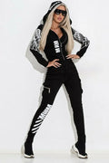 Women's black casual suit set with wings printing featuring hooded top and matching trousers