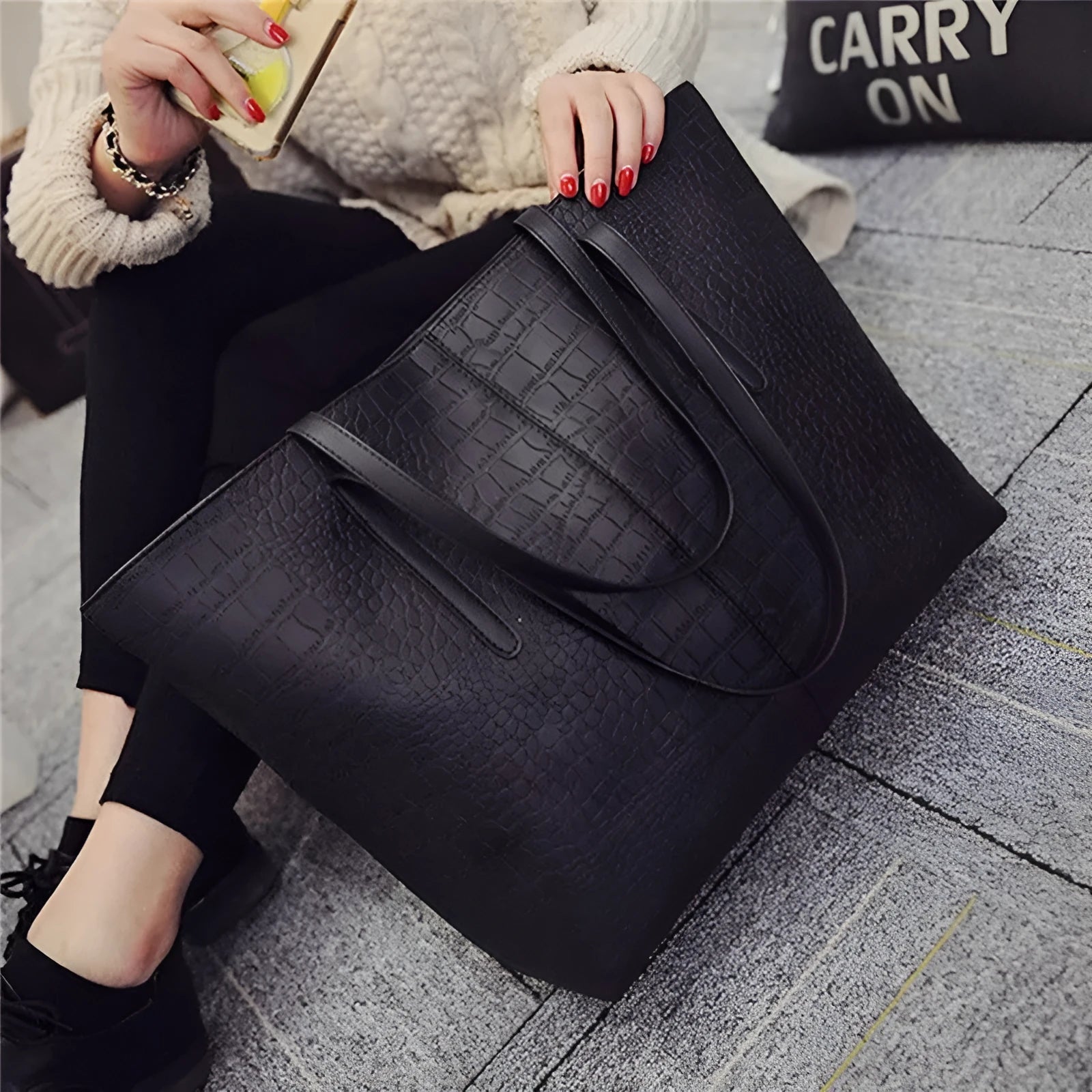 Polyester shoulder bag handbag 26x20cm in black and grey colours
