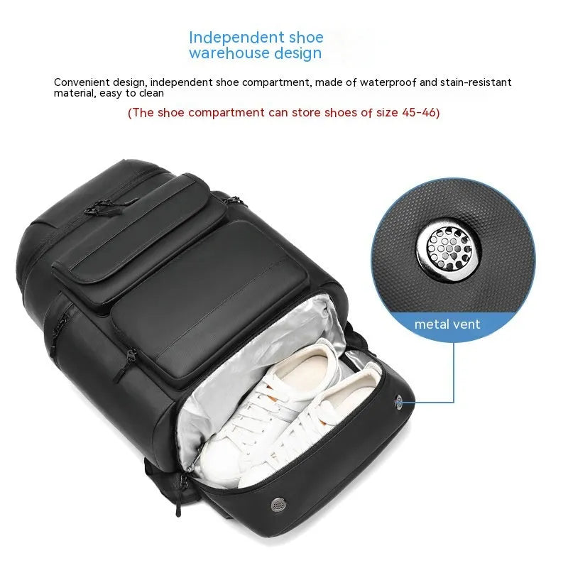 Men's 21 inch waterproof Oxford cloth backpack in black with curved shoulder straps and dry wet separation compartment