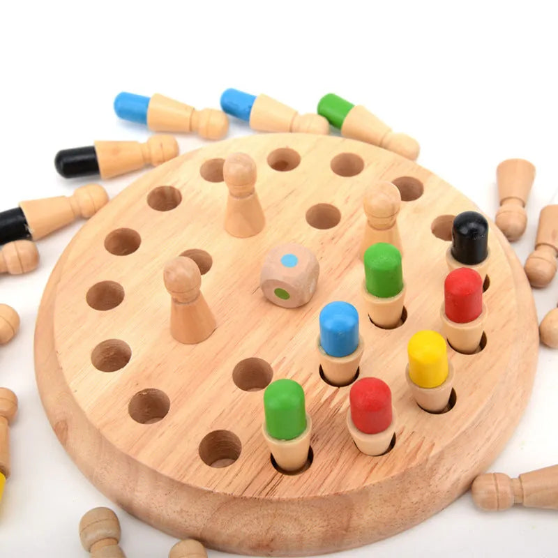 Wooden colour memory chess game board with dice and coloured pieces, 17.5cm square, in colour box