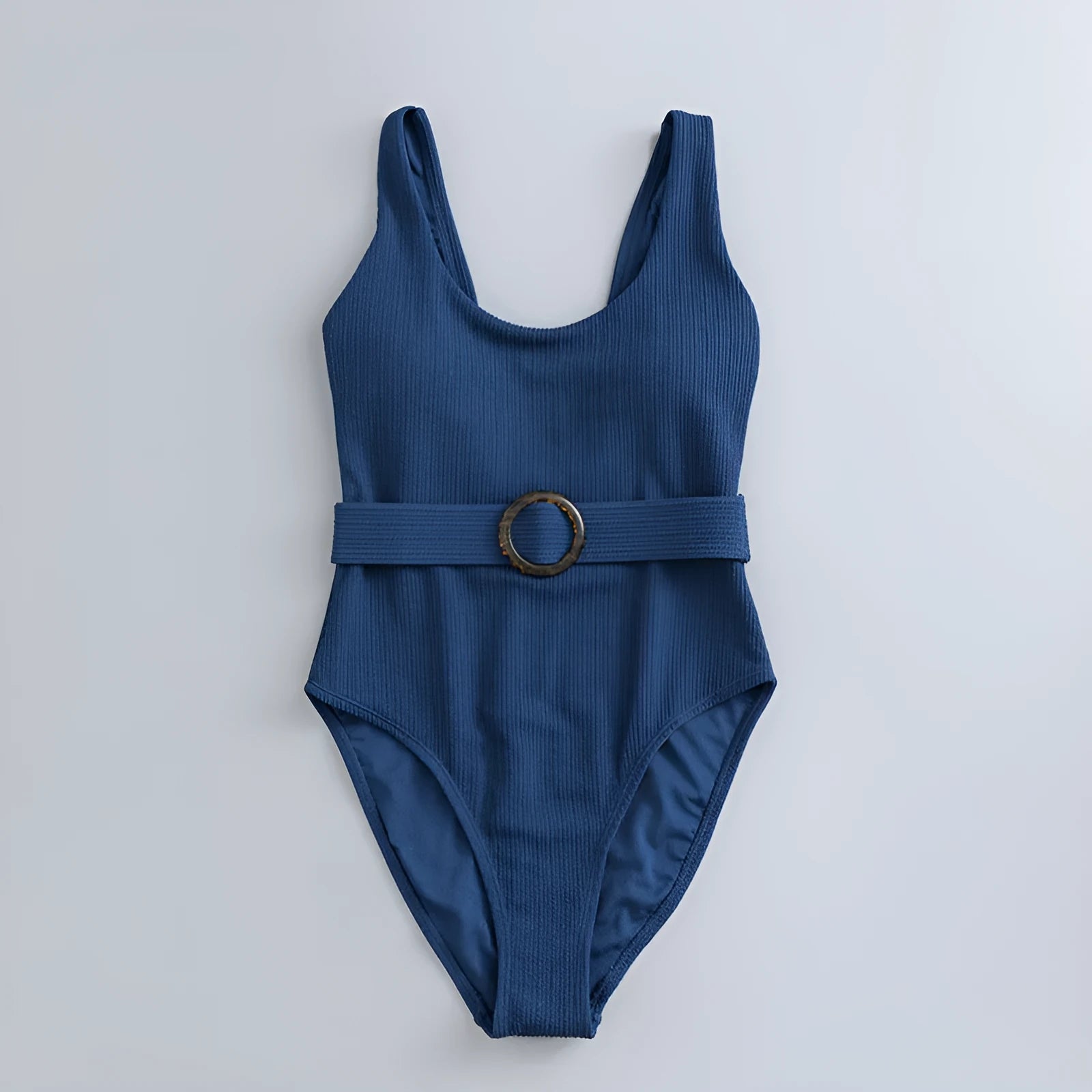 Navy blue women's one-piece swimsuit with triangle slimming shape and removable chest pads
