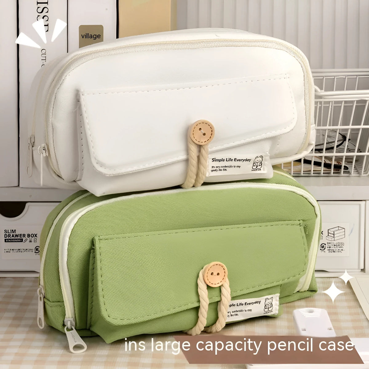 Korean-style canvas pencil case in green, beige, blue, and grey colours with large capacity for pens