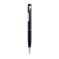 Black pen-shaped digital voice recorder with zinc alloy shell, shown with included headset and cable.