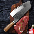 A long 320mm stainless steel kitchen knife with a forged 40Cr13 blade on a kitchen counter.