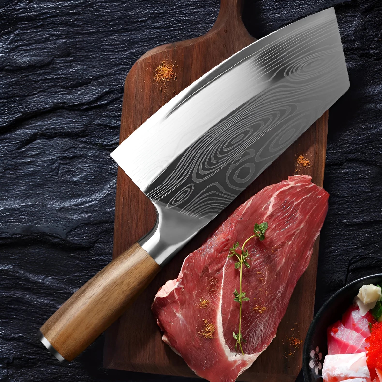 A long 320mm stainless steel kitchen knife with a forged 40Cr13 blade on a kitchen counter.