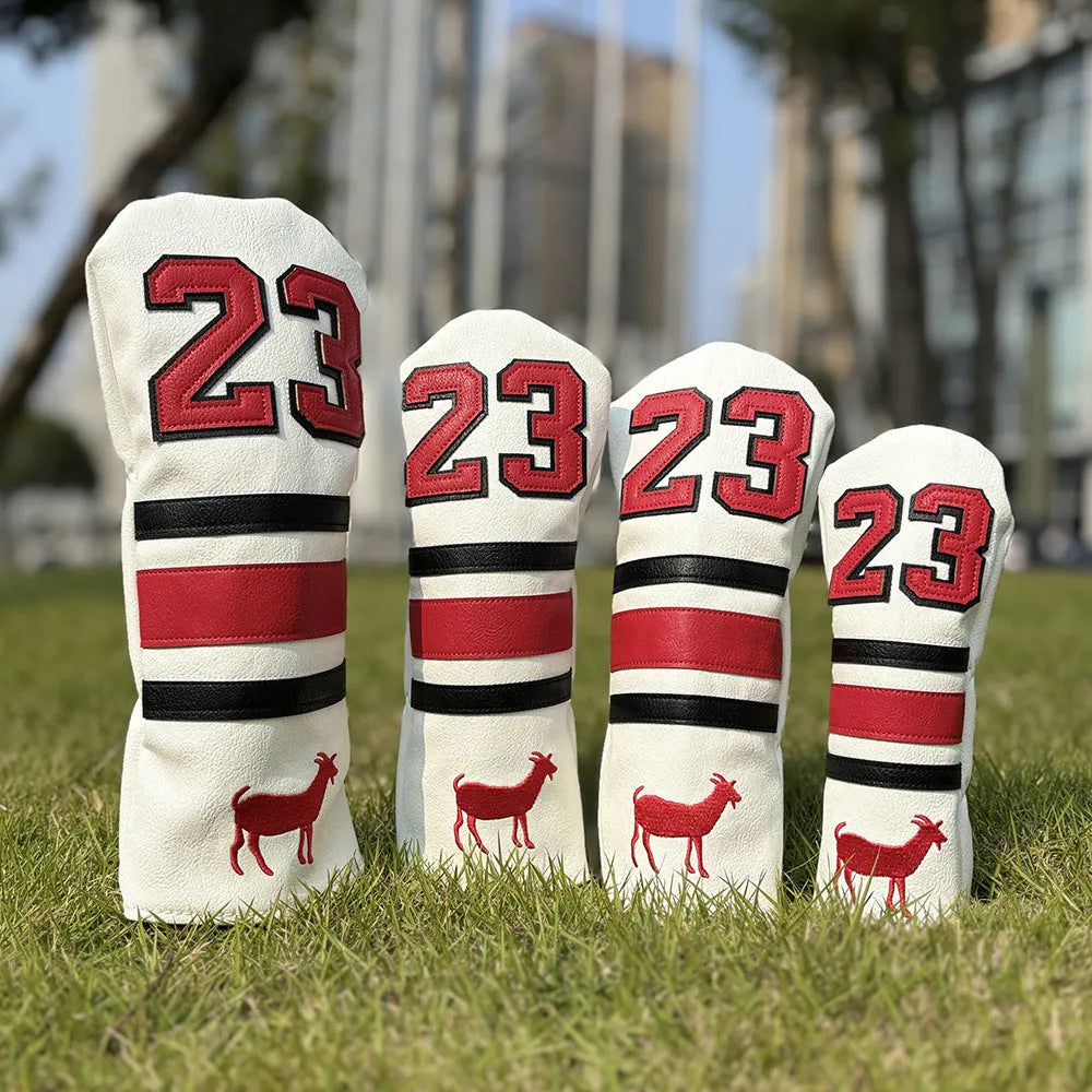 Set of four matching PU golf club headcovers: driver, two fairway woods, and a square putter sleeve in a chosen colour.