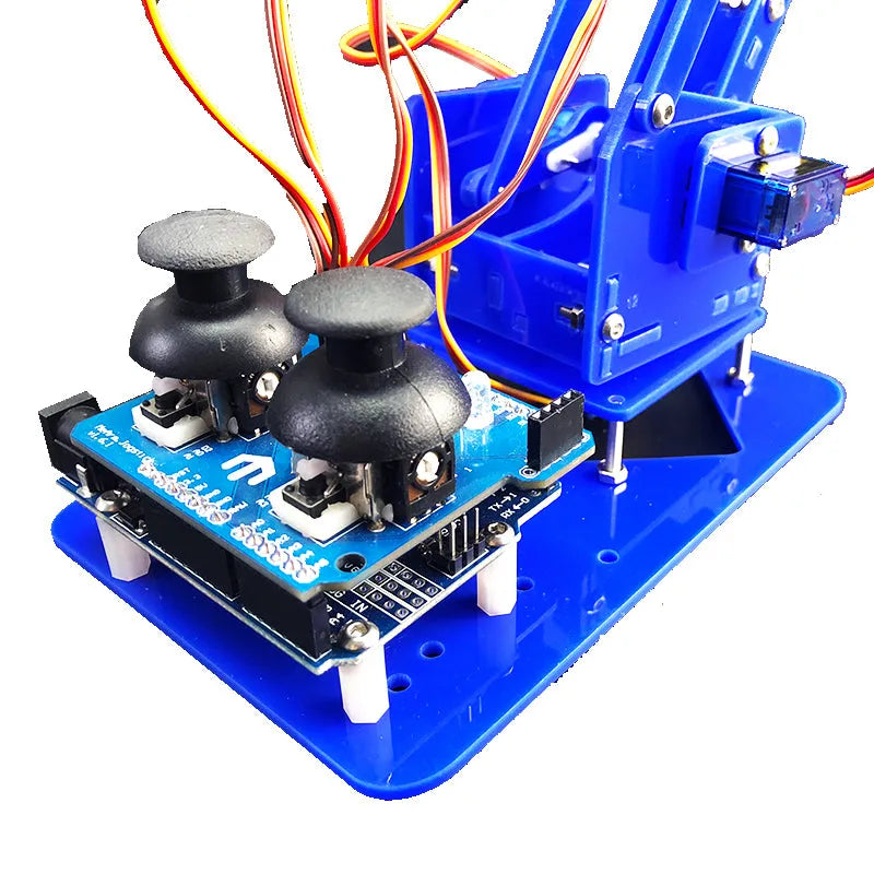 Manipulator arm electronic production parts kit with brown and royal blue brackets, dual control rocker module and SG90 steering gear