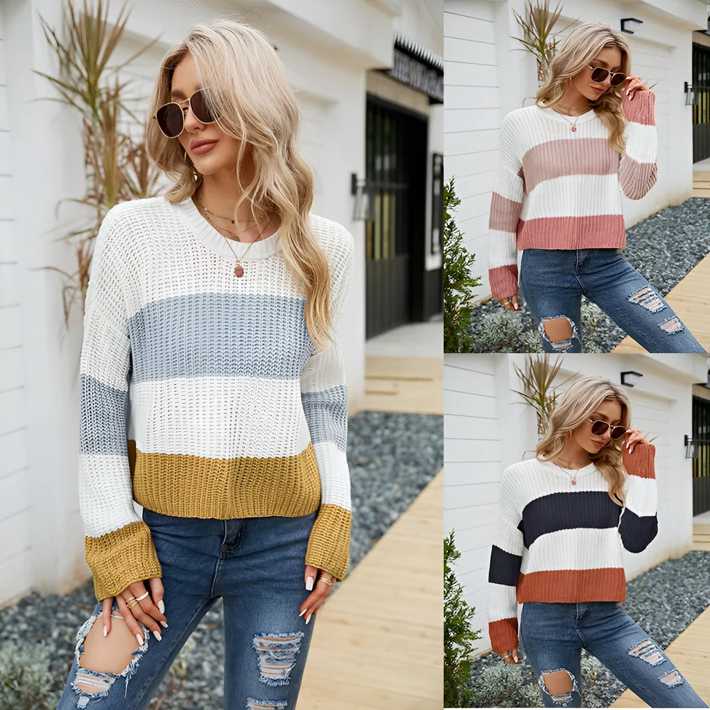 Women's short striped loose pullover sweater in acrylic knit, shown in pink, dark blue, and yellow colour options.