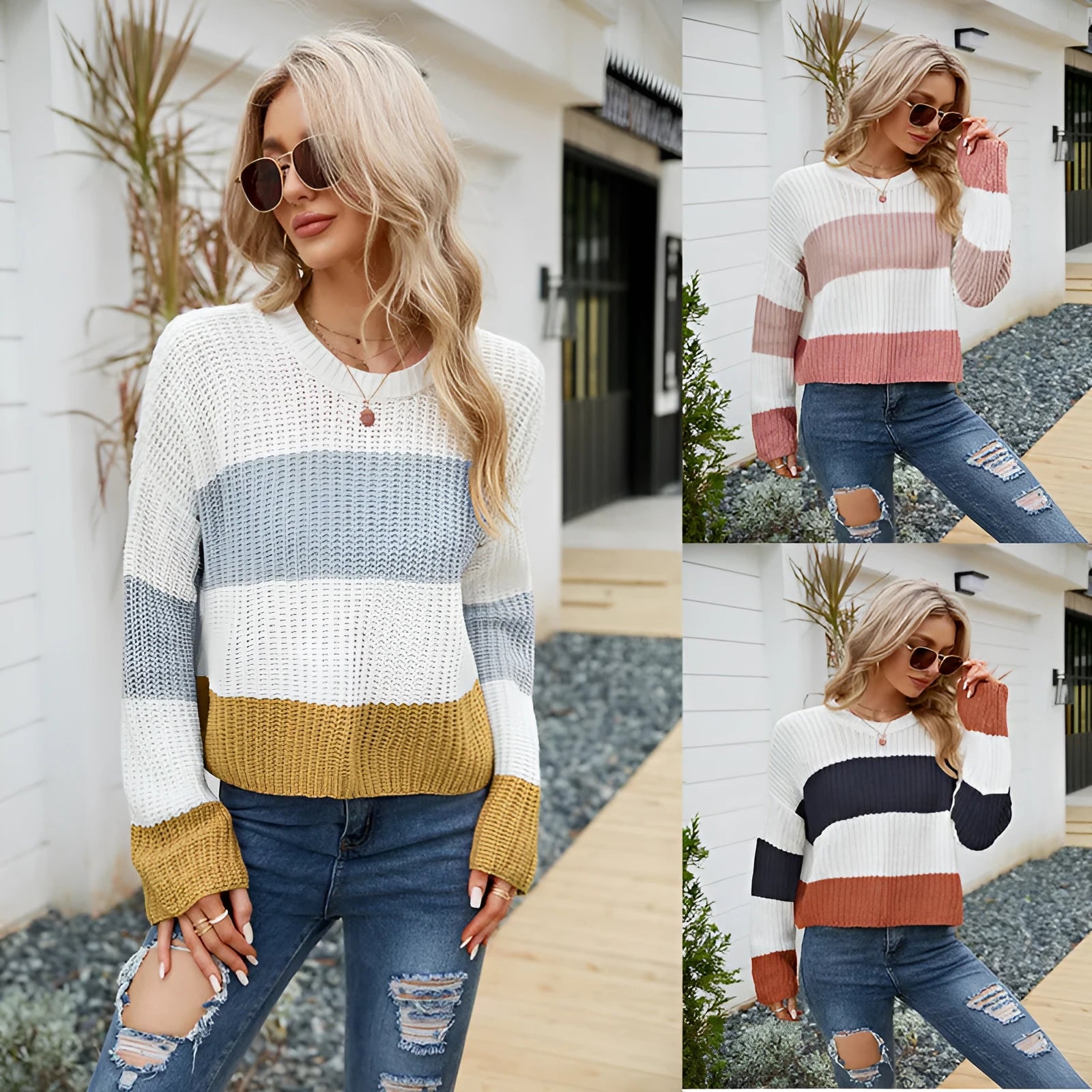 Women's short striped loose pullover sweater in acrylic knit, shown in pink, dark blue, and yellow colour options.
