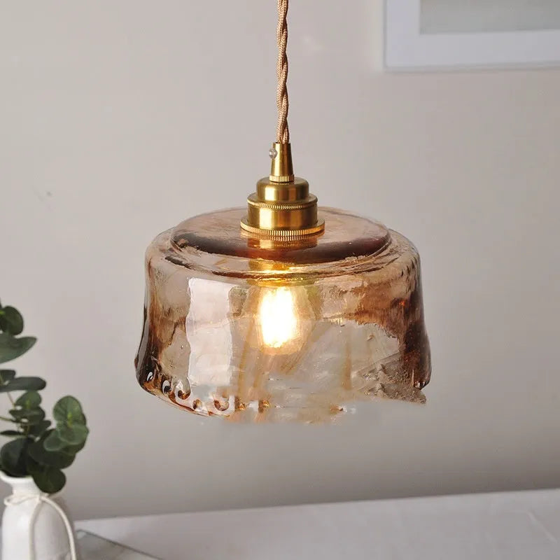 Nordic retro style brass and glass B-shaped chandelier pendant light for ceiling installation.