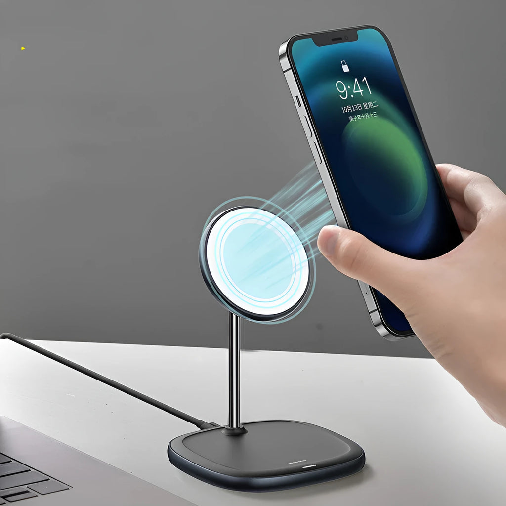 Swan magnetic wireless charging stand for iPhone 12 in black or white on a desk