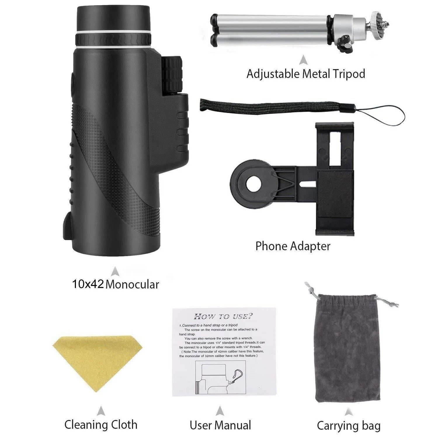 Black 40x60 mobile phone telescope monocular with waterproof nitrogen-filled construction and FMC green film lenses