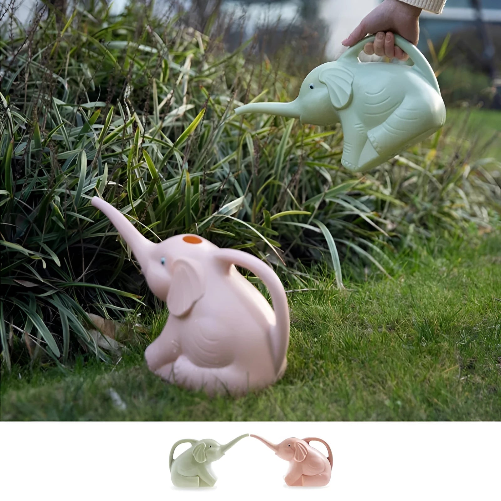 Pink elephant-shaped watering can with long nozzle and child-friendly handle for garden watering