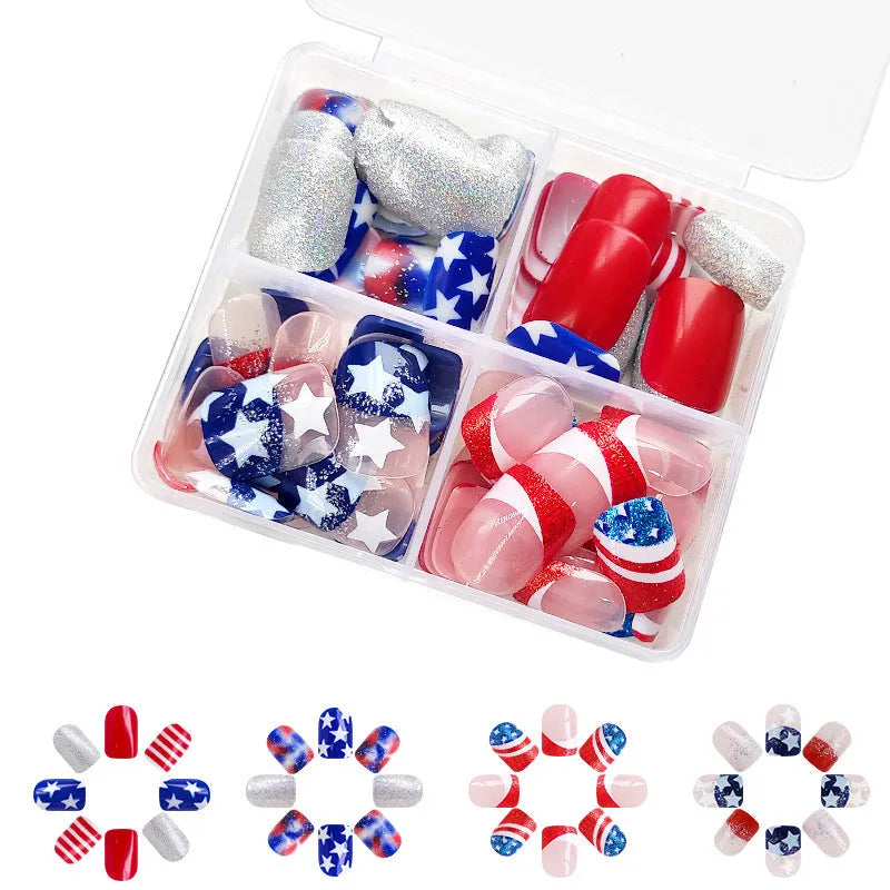 False nails set with red, white, and blue star pattern for Independence Day in European square shape