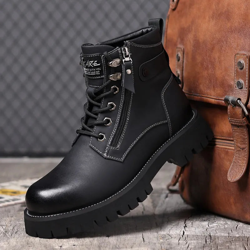 Men's brown leather high-top Martin boots with side zipper and round toe